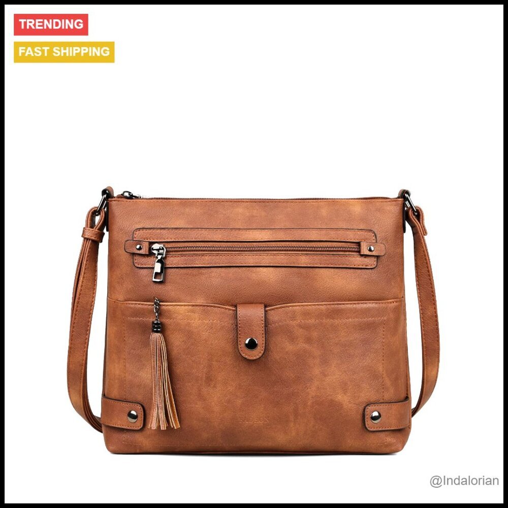 Large Crossbody Purse Multi Pocket Shoulder Bag Faux Leather Retro Chic